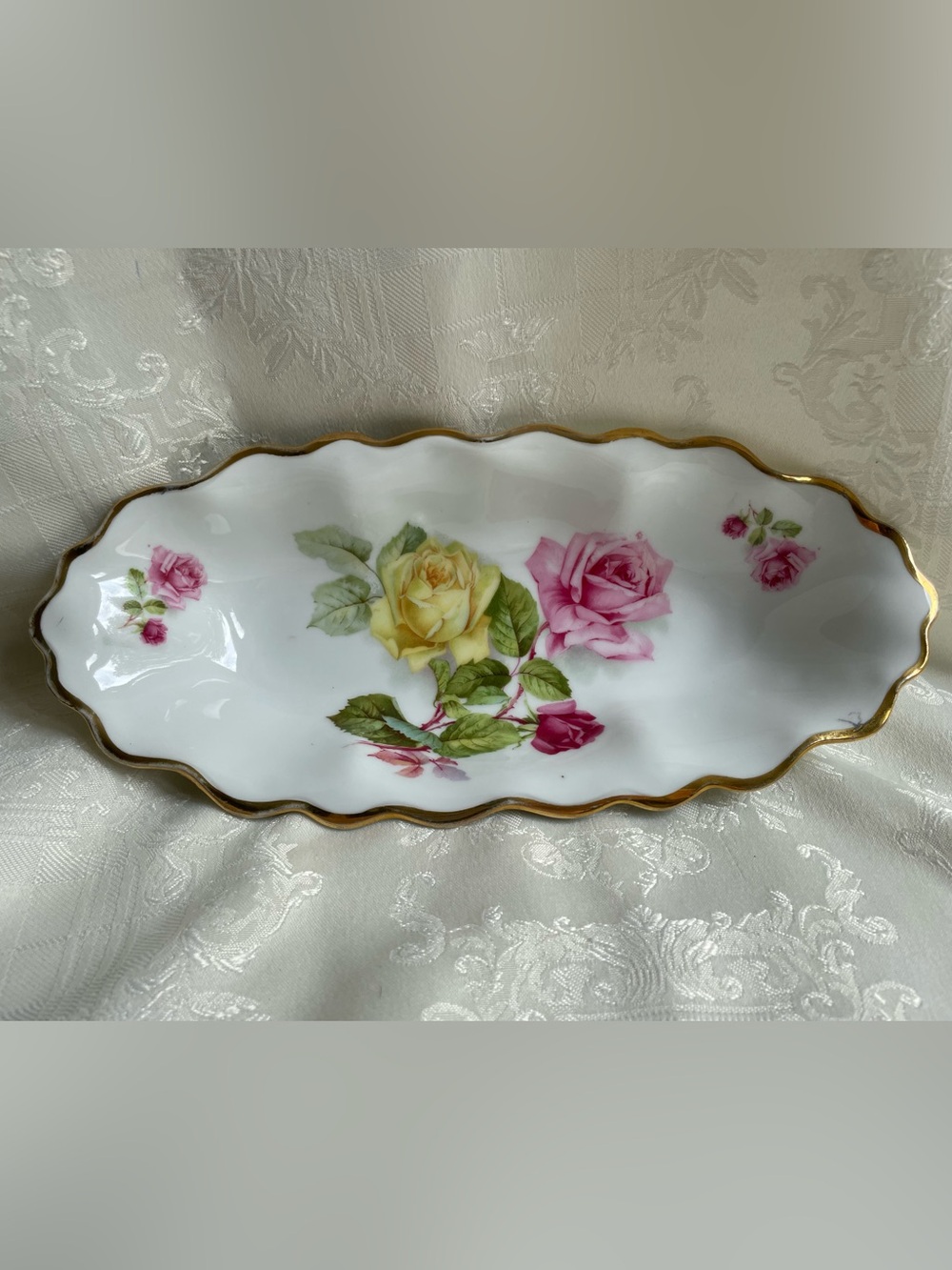 Vintage Oval Dish with Pink and Yellow Roses and Gilded Edge